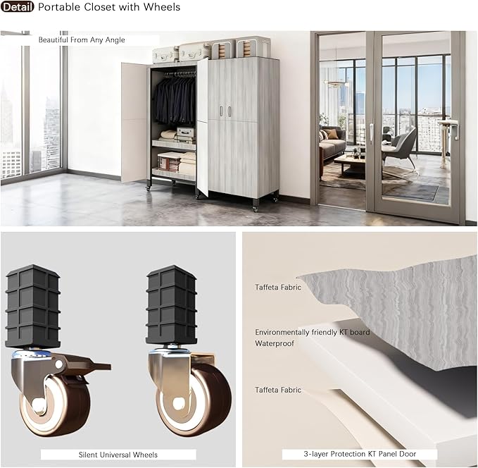 Foldable Portable Armoire Wardrobe Closet for Hanging Clothes Rack, Heavy Duty Covered Clothes Rack with Cover(HARDBOARD Magnetic), Closet Garment Rack for Bedroom Storage (KT Woodgrain Gray, 49.21in)