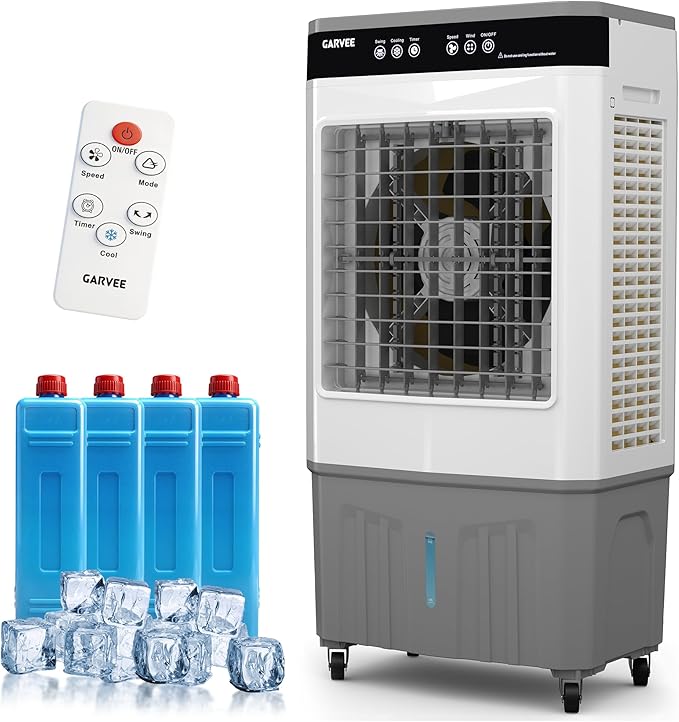 8.4 Gal Portable Evaporative Air Cooler, 3200 CFM Cooler with Remote Timer, 3 Speeds 120° Oscillation 3-Side Cooling Pads, Auto-Swing for Home Workshop Office Garage