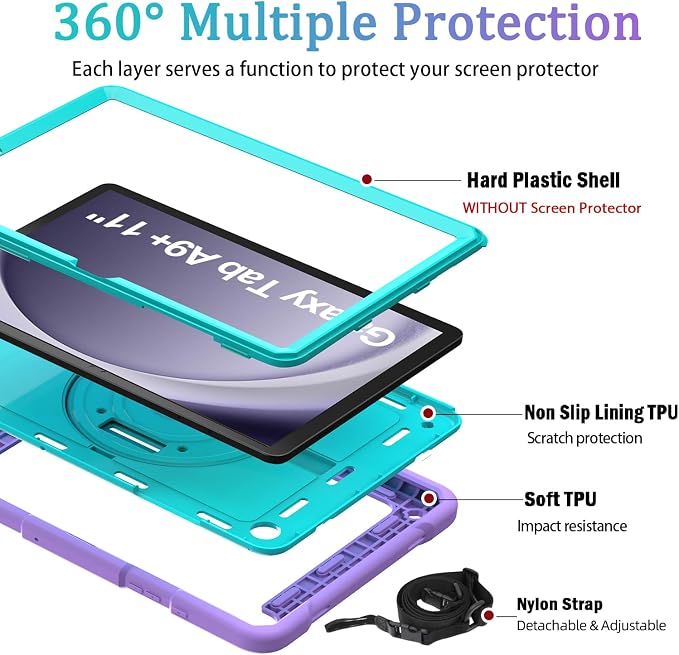 BMOUO for Samsung Galaxy Tab A9+ Plus Case 11 2023 (SM-X210/X216/X218) Shockproof Galaxy Tab A9 Plus Case with Rotating Stand and Hand/Shoulder Strap Black
