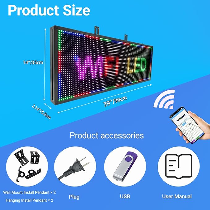 P10 LED Signs, Scrolling Led Programmable Sign Display 39"x14" , Multiple Colors Digital Message Board LED Open Signs For Business, WiFi Control Display Screen Menu Board Custom Banner Word, Outdoor and Indoor