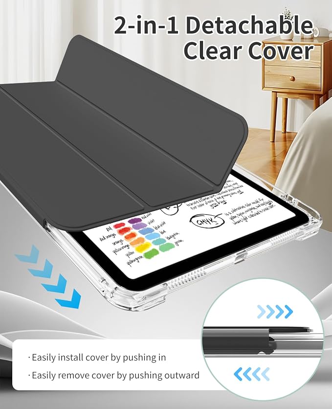 Case for iPad Air 11 M4/M3/M2 &amp iPad Air 5th/4th Gen 10.9-Black | For iPad Air 11 2026/2025/2024 &amp Air 10.9 2022/2020 2-in-1 Removable Transparent Back with Pencil Holder Auto Sleep/Wake