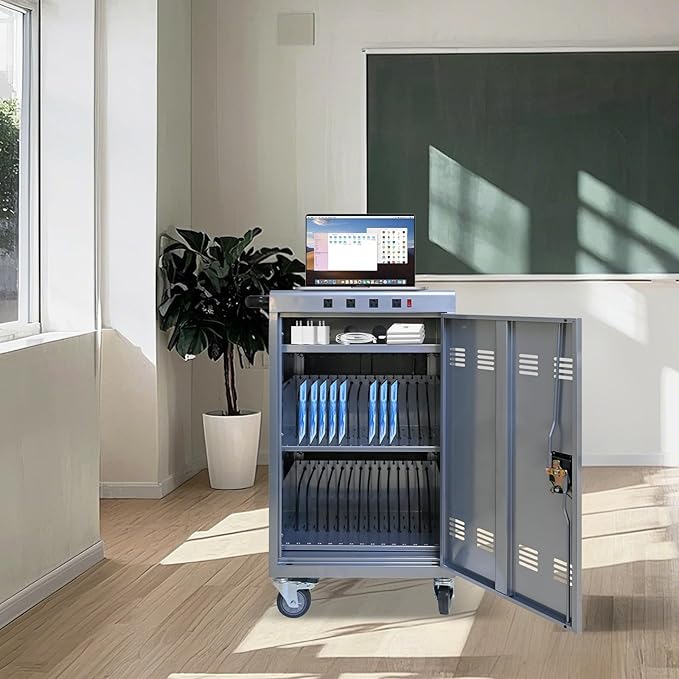 35 Device Charging Cart for Laptops and Tablets Up to 16.3-inch, Mobile Charging Station with AC Outlets, Secure Storage and Cable Management, Mobile Charging Cabinet for Ipads, Chromebooks, Silver