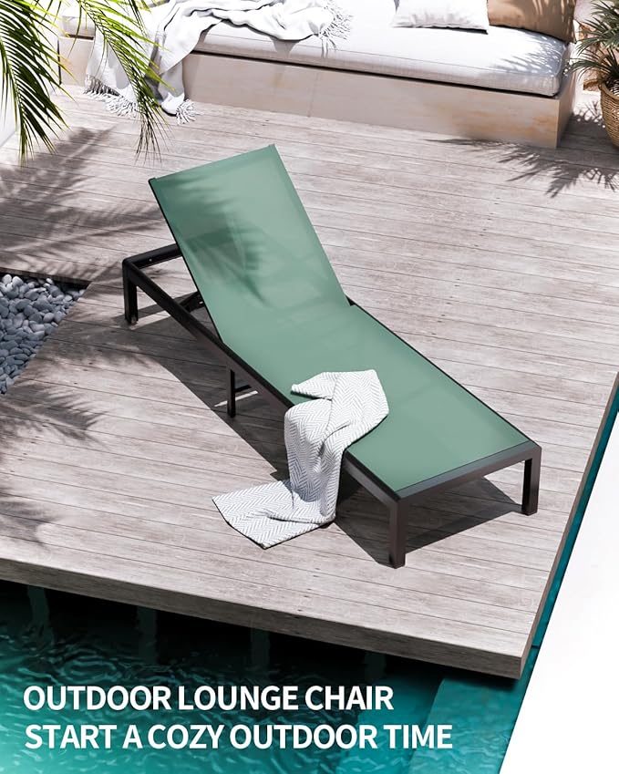 Aluminum Lounge Chairs Outdoor Chaise Furniture,2 Sets Patio Metal Deck Lounger Adjustable 5-Position Poolside Chase Recliner with Wheels for Beach,Coffee Table, (Green, 2 Chair＋Table)