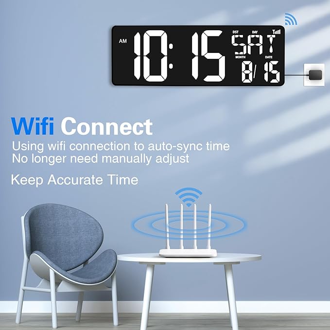XREXS 16.5 in Large Display Wall Clock with Temperature/Date/Week, LED Big Digital Timer Clock with Remote Control, Alarm Clock for Home and Office, Auto-dimming
