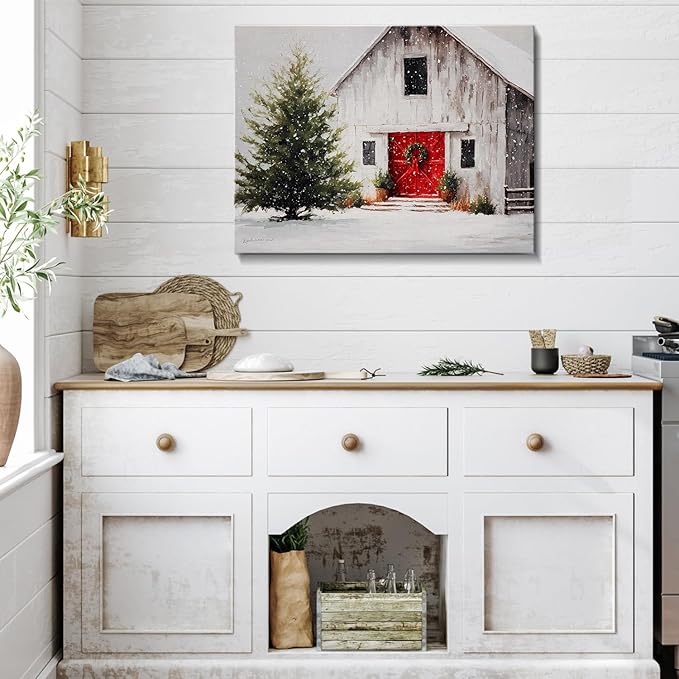 Vintage White Barn & Snowy Tree Winter Landscape Canvas Wall Art - Farmhouse Christmas Framed Canvas Prints, Rustic Christmas Wall Decor for Living Room, Cozy Christmas Gifts & Festive Decorations