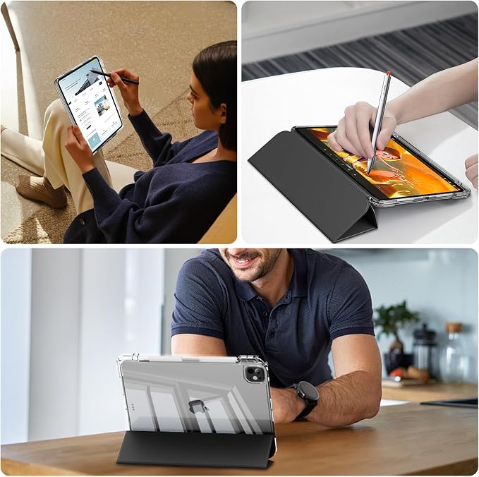 Case for iPad Pro 11 Inch Case (M5/M4) 2025/2024 Black | Pencil Holder 2 in 1 Detachable Trifold Sliding Cover Clear Hard Back Shell Supports Pencil Pro Charging