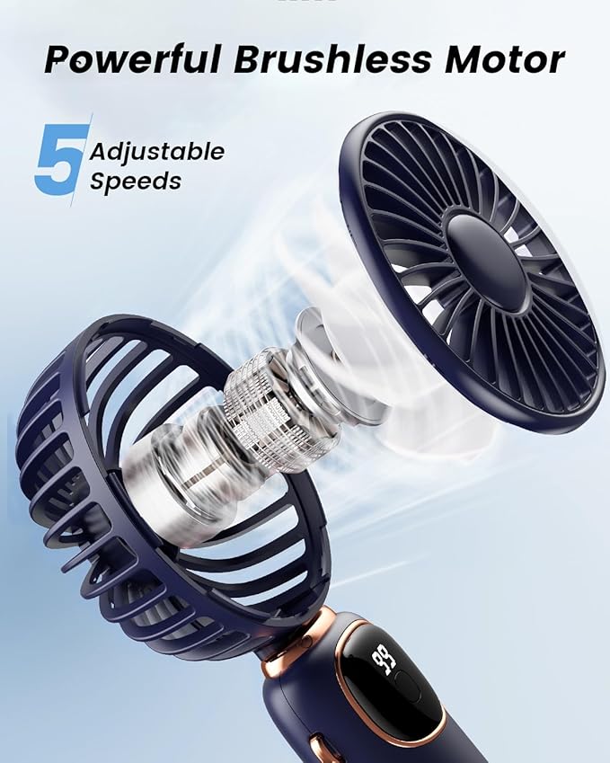 coldSky Portable Handheld Fan, 4000mAh Battery Operated Fan with LED Display, Handheld/Neck/Desk 3 in 1 Personal Small Fans, 90° Foldable Desk Fan with Base, 5 Speed Makeup Lash Fan for Women Blue