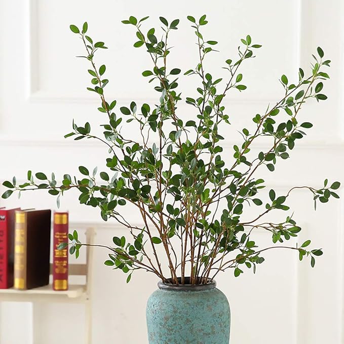 Ollain 43" Artificial Greenery Stems Plants Faux Leaf Green Eucalytus Branches Ficus Twig Fern Fake Green Bushes Shrubs for Home Party Wedding Decoration (4 Pack)