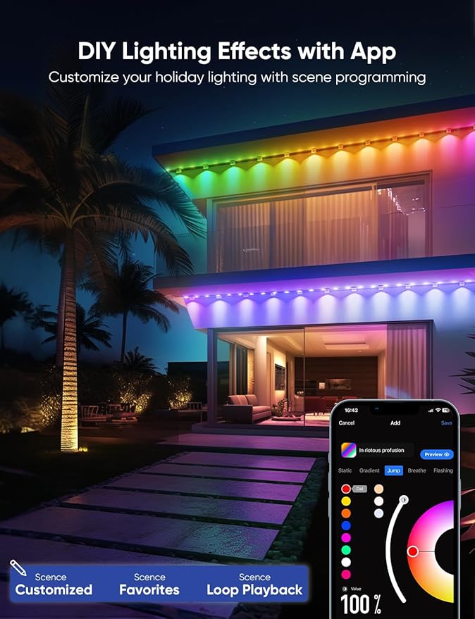 APPECK Permanent Outdoor Lights Pro 100ft, 72W RGBCW Eaves Lights with 72 LED Lights, 80lm, Cuttable, 111 Scene Modes, IP67 Waterproof Lighting for Halloween Decoration, Compatible with Alexa, Black