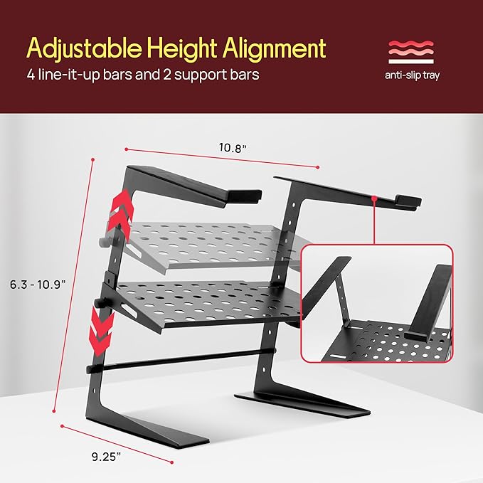 Pyle Adjustable Laptop Stand - Desk Riser for Laptop, CD Player/Controller, EFX Machine or Lighting Controller, with Shelf Storage, 4 Easy Line-It-Up Height Adjustments