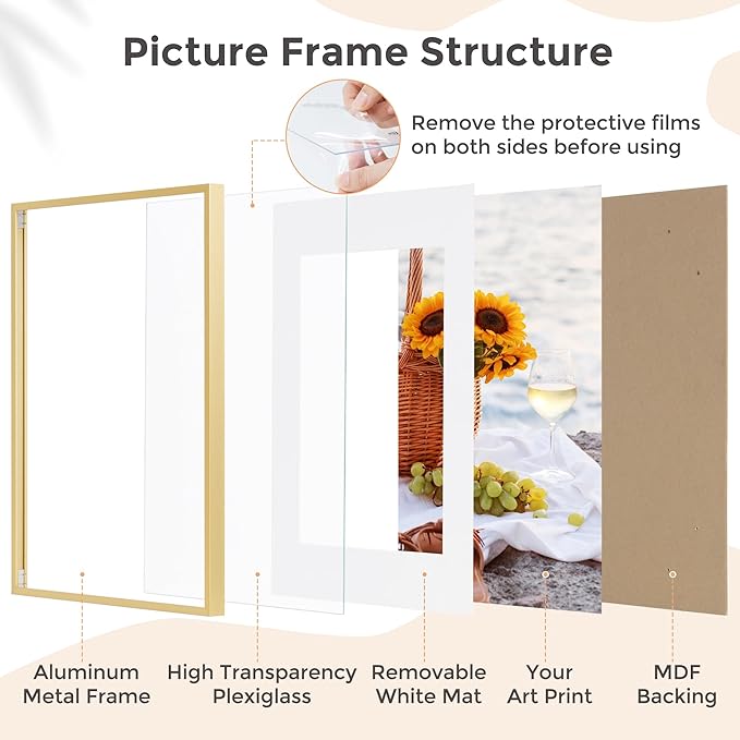 11x14 Picture Frame -11x14 Metal Picture Frame With Mat For 8x10 | 14x11 Frame Aluminum | Plexiglass And Hanging Hardware Included | 11 by 14 Poster Frame, Set of 3, Gold