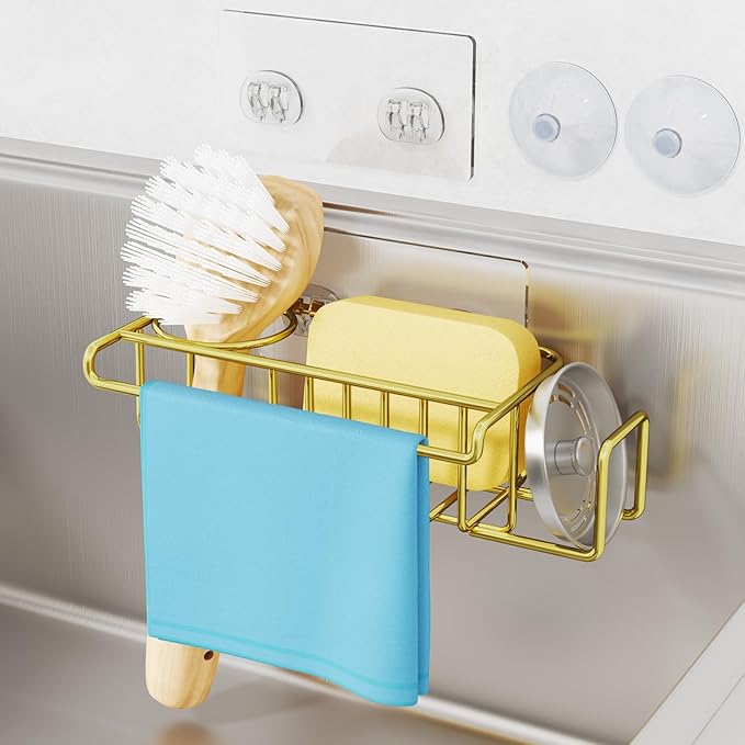 HapiRm Sponge Holder for Kitchen Sink, No Drill Kitchen Sink Caddy Organizer, Rustproof Dish Sponge Holder- Gold(8.73 * 3.54 * 2.36in)