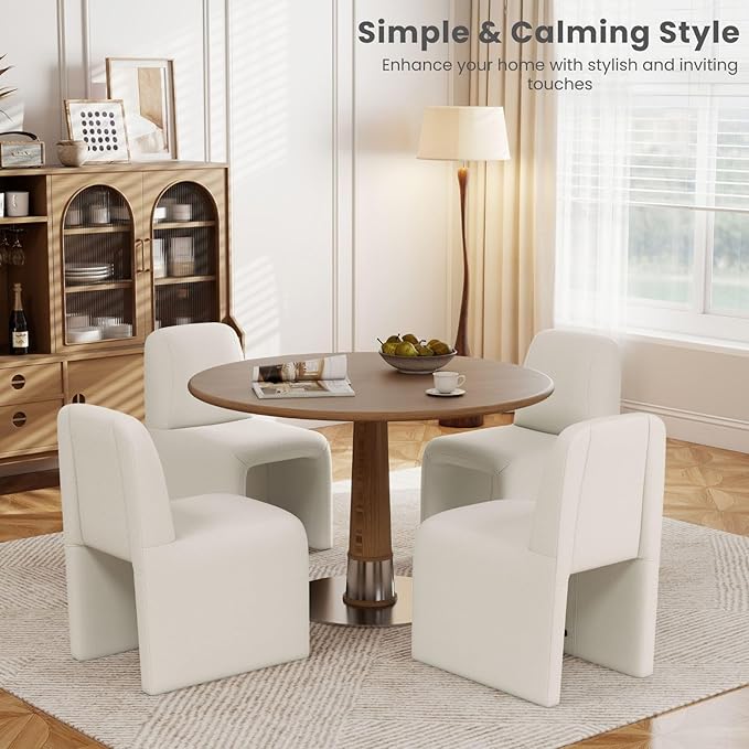 White Upholstered Chenille Dining Chairs Set of 6, Mid Century Modern Dining Room Chairs with Deep Seat & Curved Back, Armless Side Chair Comfy Kitchen Chairs for Living Room/Kitchen