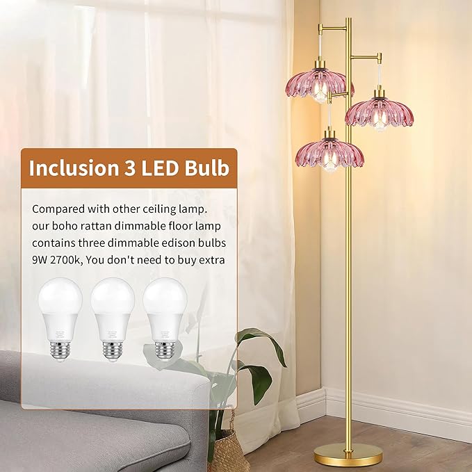 Vintage Floor Lamps for Living Room Bedroom-3 Light Glass Floor Lamp with Three Led Bulb, Modern Mid Century Standing Lamp Brass Tall Lamp Gold Tree Floor Lamp for Bedroom Corner