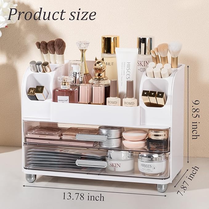 Anyoifax Makeup Organizer Countertop with Large Drawers, Vanity Organizer with Brush Holder, Skin Care Storage for Dresser, Perfume Organizer for Lotion, Lipsitck, Palette, White