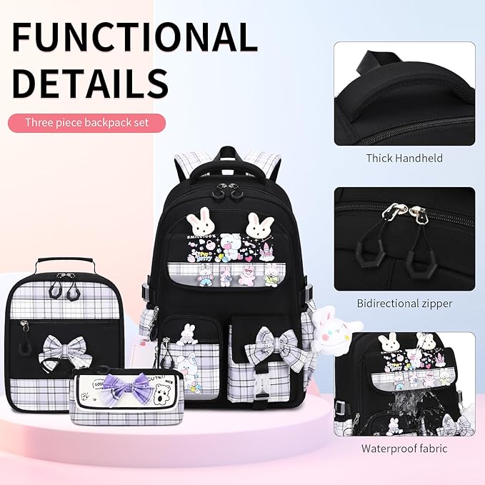 Girls Backpack 3pcs School Backpack with Lunch Box Teen Girl Backpack Set Cute Kids School Bag Bookbag for Teen Girls