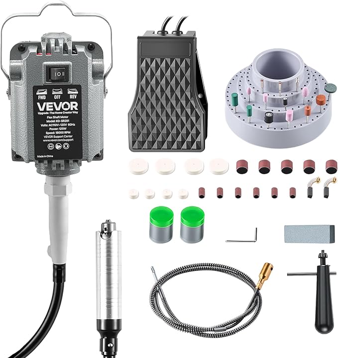 VEVOR Flex Shaft Grinder, 125W 18000RPM Electric Flex Shaft Rotary Tool, Foot-Pedal Control Hanging Carver Grinder with 112PCS Accessory Kit for Sanding Buffing Polishing Cutting