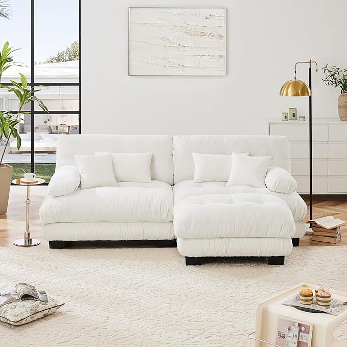 94.4" Loveseat Sofa, 2 Seater Modular Sectional Sofa, White Large L Shaped Sectional Fluffy Couch, Chenille Cloud Couch with Ottoman, Deep Seat Sofas for Living Home