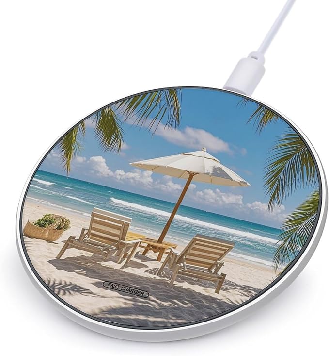 Ocean Beach Theme Wireless Charger with Aluminum Alloy Frame Qi Certified Fast Wireless Charging Pad 10W Charging Station Portable Phone Charger for All Wireless Charging Phone