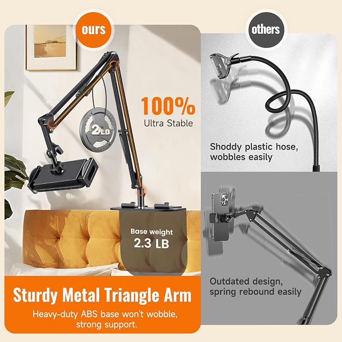 Phone Holder&ampTablet Holder for BedOverhead Cell Phone Mount | Adjustable 360° Rotatable Metal Kindle Holder Stand for iPad Pro Air Mini iPhone17/16 Kindle Other 5-12.9 Inch Devices