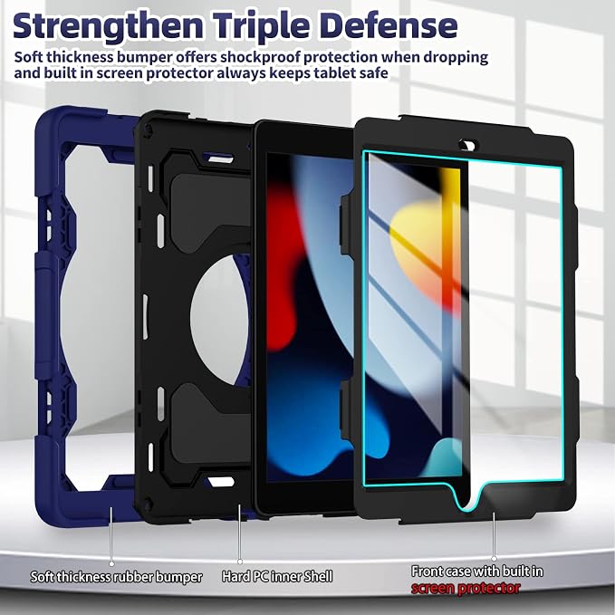 for iPad 9th 8th 7th Generation Case(iPad 10.2 inch) for Kids | 15ft Drop Protection Rugged with 360 Kickstand Handle Shoulder Strap，HD Screen Protector，Shockproof (2021/2020/2019 Release)