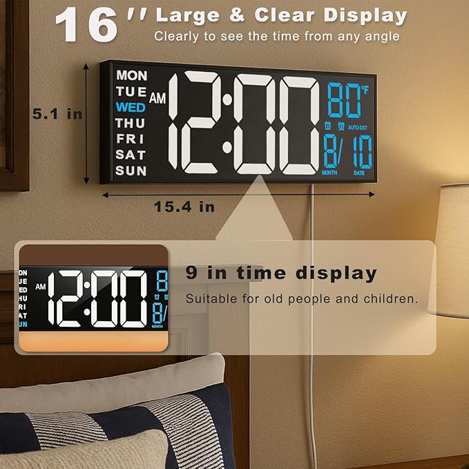 TrophyRak 16" Large Digital Wall Mount Clock, Count Down Timer, Alarm, Big LED, RGB Color, DST, Temperature for Living Room Classroom Desk, Wall, Xmas, Birthday Gift for Senior Mom Dad, White Blue