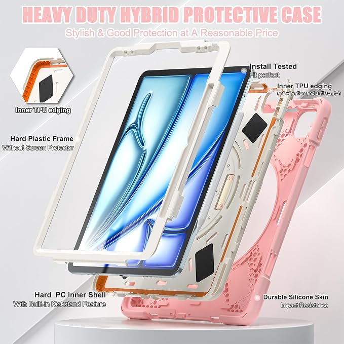 Batianda VortiGrip Case for iPad Air 11 M2/M3/M4 2024-2026 Colorful Blue | Heavy Duty Triple-Layer Rugged Case with 360° Rotating Hand Strap Foldable Hidden Stand Shoulder Strap and Pencil Holder
