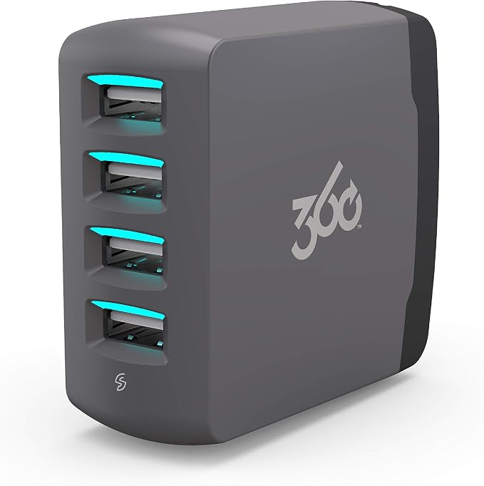 360 Electrical 360542 Vivid 8.0 USB Wall Charger with Four USB Ports 8.0 Amp (40 Watt) Charging Power Folding Plug LED Guide Lights and Charge Sense Technology (Gray)