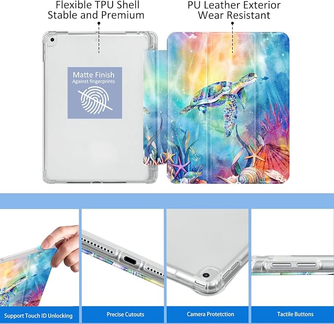 Lokigo for iPad 9th/ 8th/ 7th Generation Case 10.2 Inch (2021/2020/2019 Release) iPad Air 10.5 (3rd Generation) 2019 /Pro 10.5 2017 Case with Translucent Hard Shell Back -Flowers