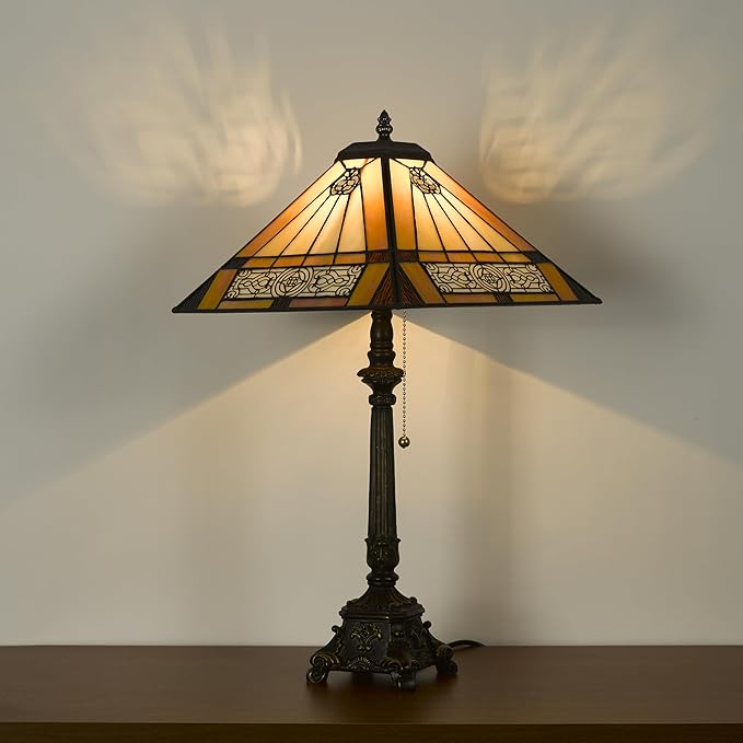 Tiffany Table Lamps Yellow Stained Glass Striped Checkered Style Mission Desk Lamp 12X12X24 Inch Bronze Resin Base