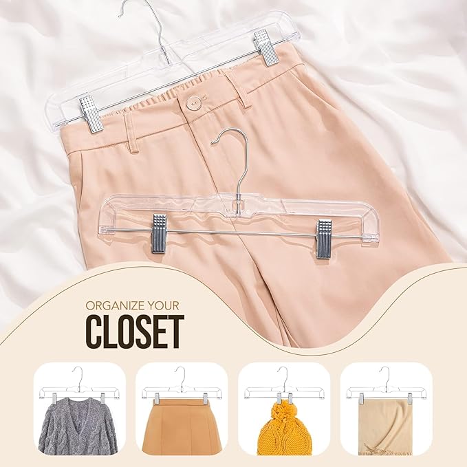 HOUSE DAY 120 Pack Clear Pants Hangers with Clips, Plastic Skirt Hangers for Women, 14 Inch Clip Hanger for Pants, Skirts, Jeans, Shorts, Legging, with 360-degree Swivel Hook, 2 Adjustable Clips
