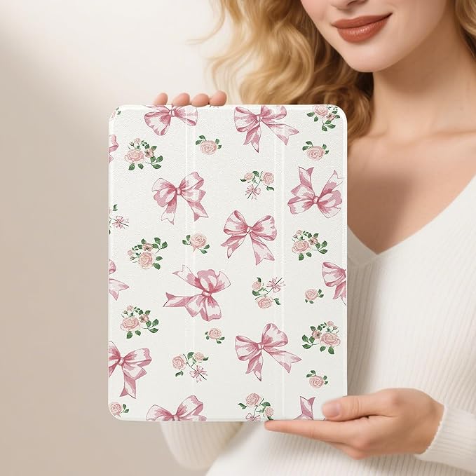 Lovmooful for iPad 9/8/7 Gen Case with Pencil Holder Cute-Bear Flower | Fit for iPad 9/8/7 (10.2-Inch2021/2020/2019 Model9th/8th/7th Generation)Soft TPUTrifold StandProtectiveGirly