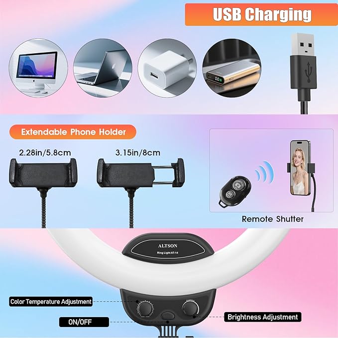 ALTSON 14'' Selfie Ring Light with 63'' Tripod Stand & Phone Holder, Dimmable LED Phone Ring Light for Video Recording/Live Streaming/Makeup/YouTube/TikTok, Circle Light with Remote for Phone&Camera