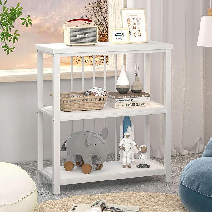 FOLUBAN Small Bookshelf, Modern 3 Tier Book Shelf, Wood and Metal Bookcase for Home Office Living Room Bedroom, White Oak