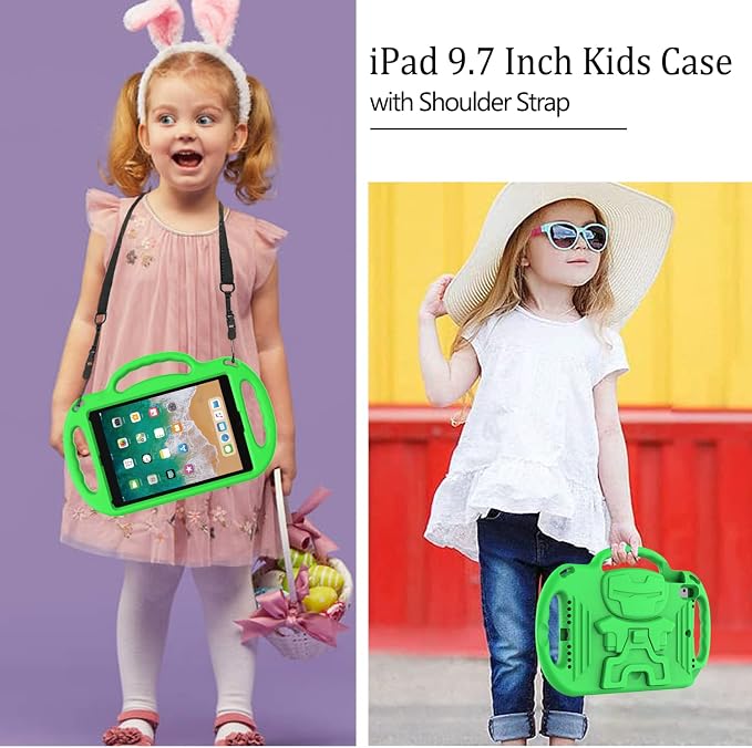 LTROP Kids Case for iPad 5th/6th Generation (2017/2018) &amp Air 2 Shoulder Strap Handle Stand Shockproof Bumper Cute Kid Case for iPad 9.7 Inch Black