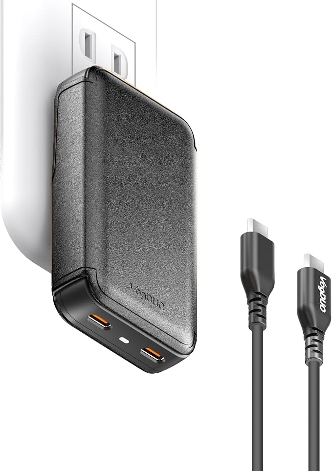 65W USB C Wall Charger- Ultra-Thin 2 Port Foldable Plug USB-C Cable Included GaN PD Fast Power Adapter with Leather for Pixel 6pro Fire 8HD Plus Bose 35II iPhone Apple Watch (Black)