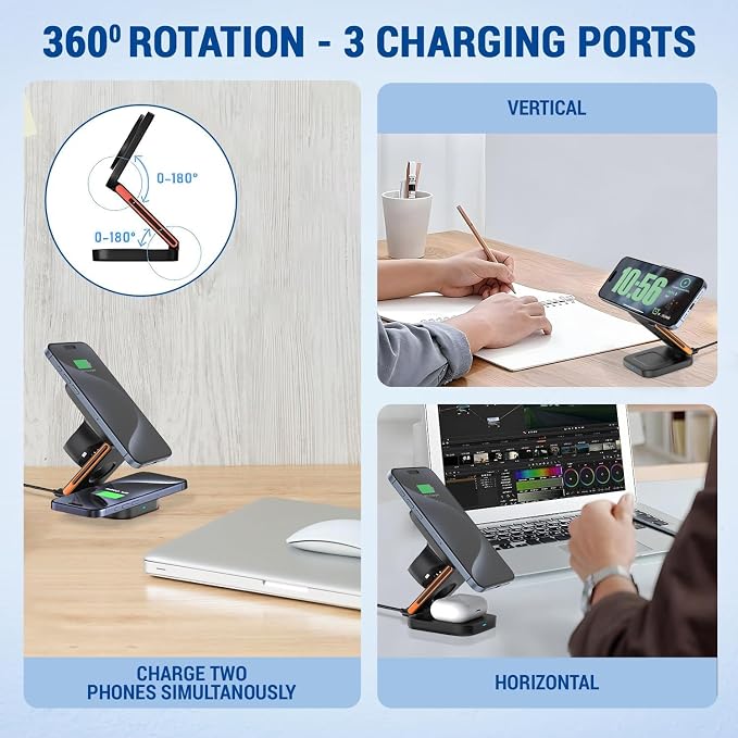 3 in 1 Wireless Charging Station Foldable Magnetic Travel Charger Stand Compatible with iPhone 16/15/14/13/12 SeriesWatch(20W USB-C Charger Included)
