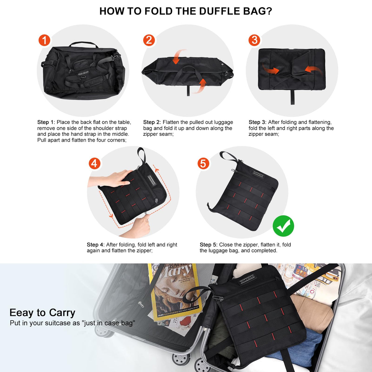 WITZMAN Foldable Duffle Bag for Men Large 65L Travel with Shoe Compartment