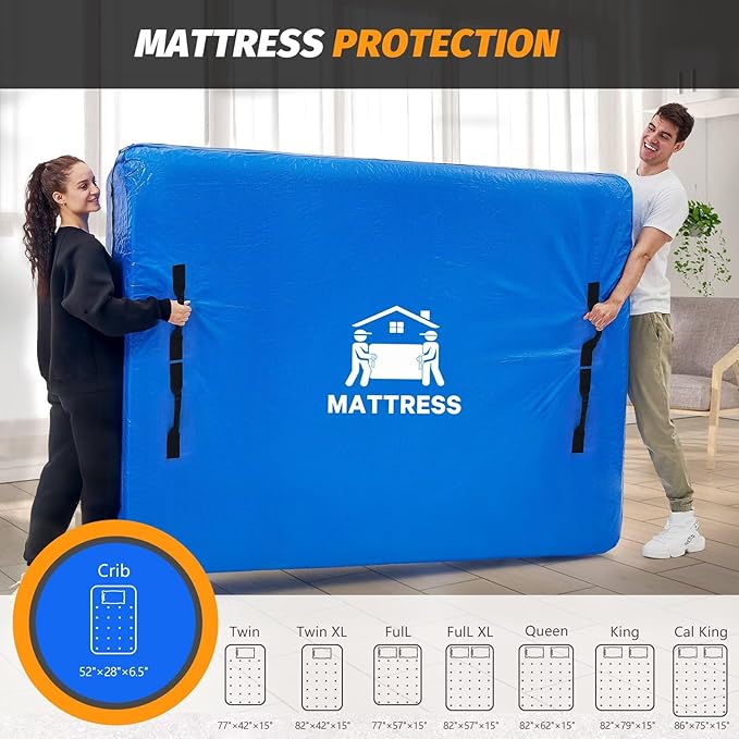Mattress Bags for Moving, BETU Mattress Protector Waterproof Mattress Cover Crib Size Storage Bags with 8 Heavy-Duty Handles and Zipper for Bed Extra Thick Large Reusable (52"x28"x6.5" Blue)