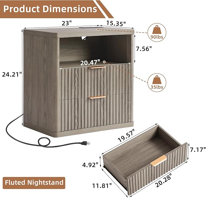 LEYAOYAO Fluted Nightstand with Charging Station, 23" Wide 2 Drawers End Table,Grey Night Stand with Open Storage Cabinet, Farmhouse Bed Side Tables, Wood Dresser for Bedroom, Living Room, Closet