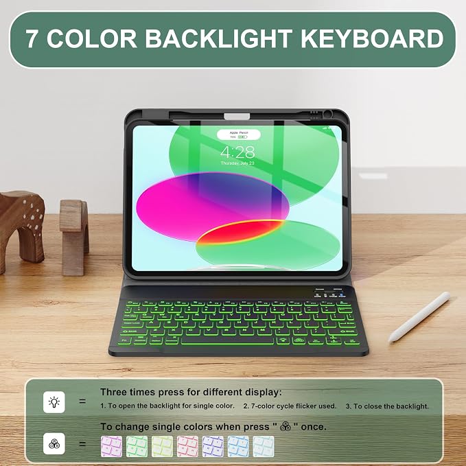 Soke for iPad (A16) 11th/10th Gen Case with Keyboard Black Marble | For iPad 11/10.9 inch(2025/2022) 7 Color Backlight Magnetic wireless Detachable Keyboard Case Built-in Pencil Holder