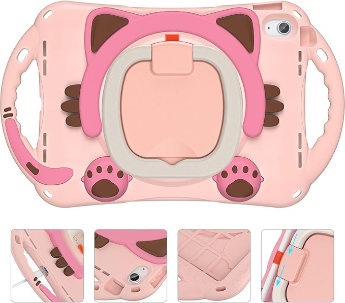 BRAECN Cute Cat Case for iPad (A16) 11th/10th Generation 11”/10.9'' 2025/2022, Silicone Kids Boys Girls Case with Pencil Holder, Carrying Shoulder Strap, 360°Rotating Handle Grip, Kickstand -Pink