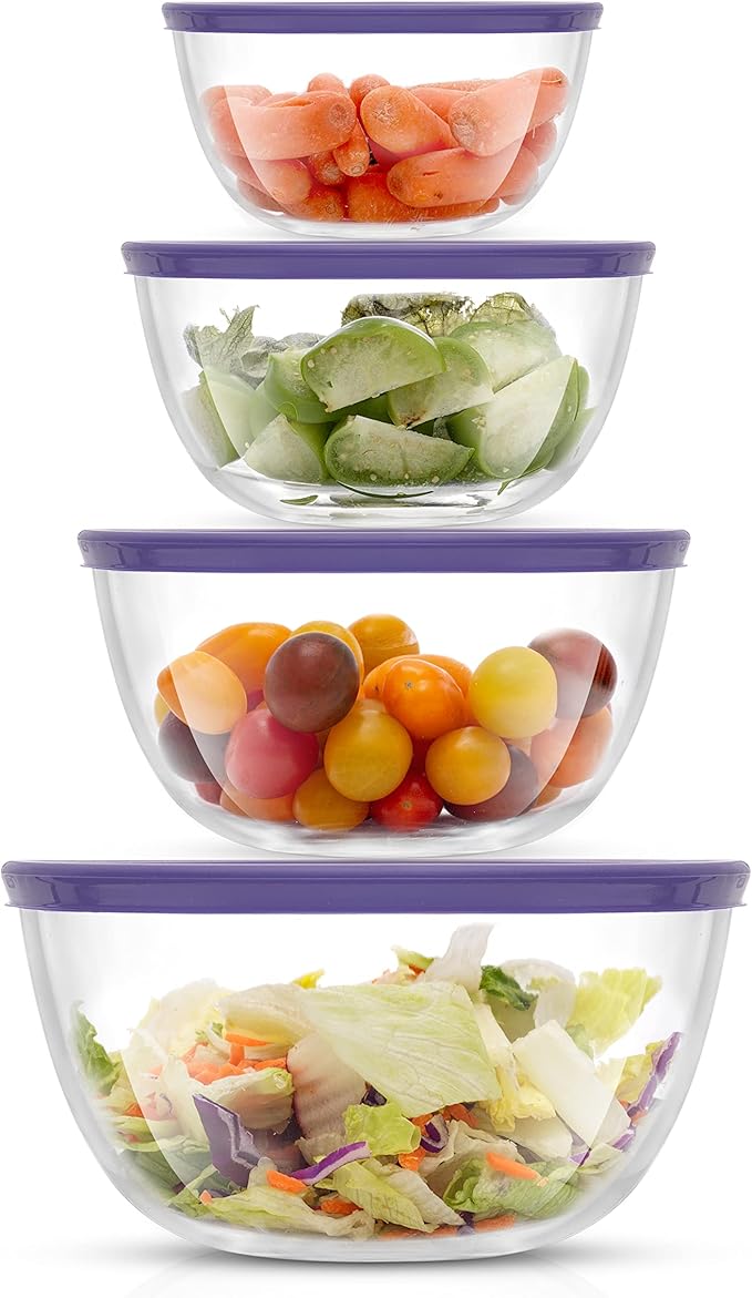 JoyJolt Very Peri 8pc Glass Mixing Bowls with Lids Set - Large Nesting Bowls, 2 Qt, Durable, Dishwasher & Microwave Safe