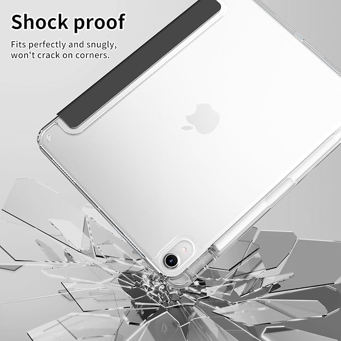 Case for iPad Air 11 Inch M4/M3/M2 Air 5th/4th Gen 10.9 Black | Pencil Holder Slim Trifold Stand Cover Clear Hard Back Shell Auto Sleep/Wake