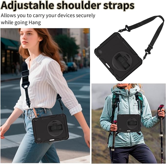 for iPad (A16) 11th/10th Generation Case 2025/2022 (11″/10.9″) Sturdy Heavy Duty Full-Body Shockproof Protective Case Rotating Stand Hand/Shoulder Strap (Black)