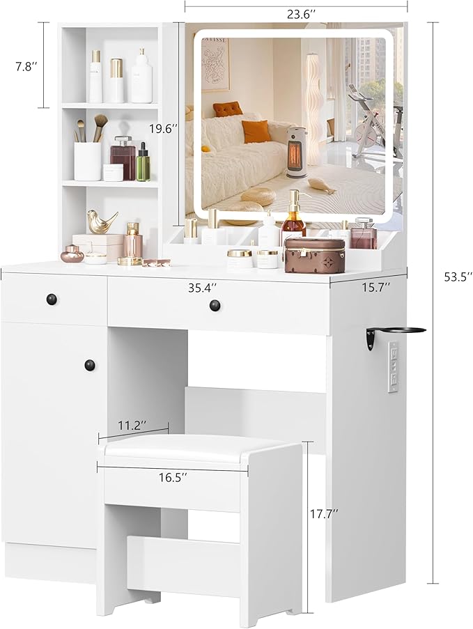 Vanity Desk with Mirror and Lights, 3-Color Lights Adjustable Brightness, White Vanity Makeup Desk with Drawer & Charging Station, Large Dressing Table Make Up for Bedroom