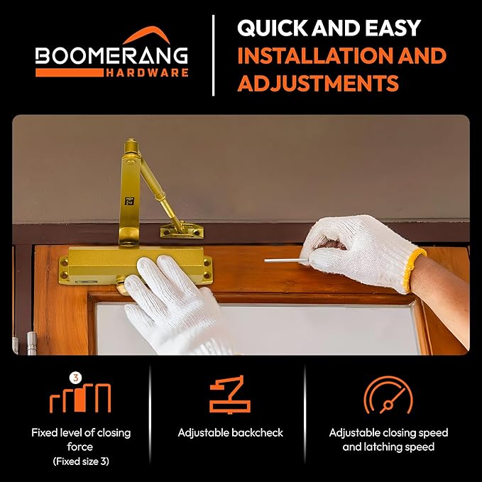 Boomerang Medium Duty Automatic Commercial Door Closer - D703 Hydraulic UL 3 hr. Fire Rated Closer, Surface-Mounted Size 3 for Home & Light Commercial Doors, Painted Brass/Gold (US4)