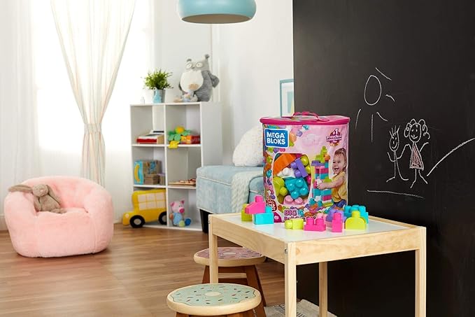 MEGA BLOKS First Builders Toddler Blocks Toys Set, Big Building Bag Collection with 80 Pieces and Storage, Pink, Ages 1+ Years