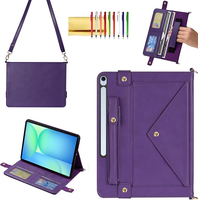 Handbag Case for Samsung Galaxy Tab S10 FE/S9 FE 10.9/S9/S8/S7 11 Techcircle Folio Stand Crossbody Wallet Protective Cover with S Pen Holder &amp Card Slots Hand Strap &amp Shoulder Strap Black