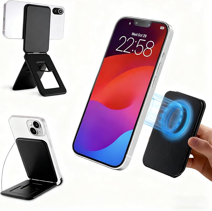 Magnetic Phone Stand Compatible with All Smartphones 17/16/15/14/13/12 Series Slim PU Leather Desk Stand with Angle Adjustment Portable &amp Includes 1 Strong Magnetic Ring for Any Phone(Pink)